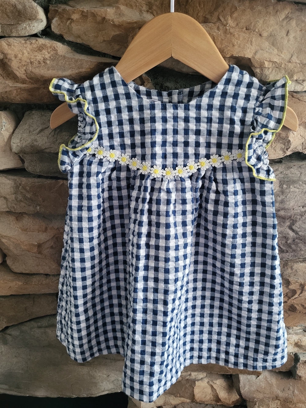 Jessica Ann Navy and White Gingham Dress with Daisy Trim 2T EUC
